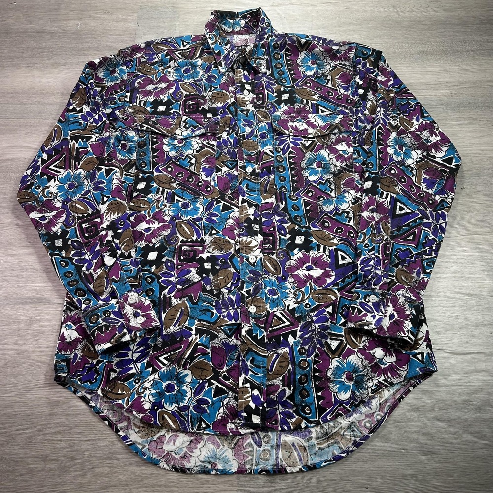 VINTAGE Frontier Series Shirt Mens Medium Purple Blue Western Floral Pattern 90s